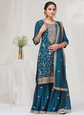 teal-blue embroidered silk salwar-kameez 1
