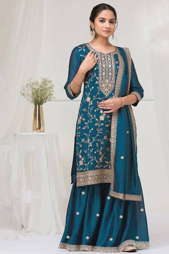 teal-blue embroidered silk salwar-kameez