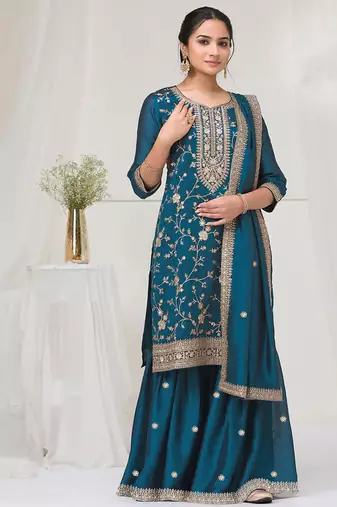 teal-blue embroidered silk salwar-kameez