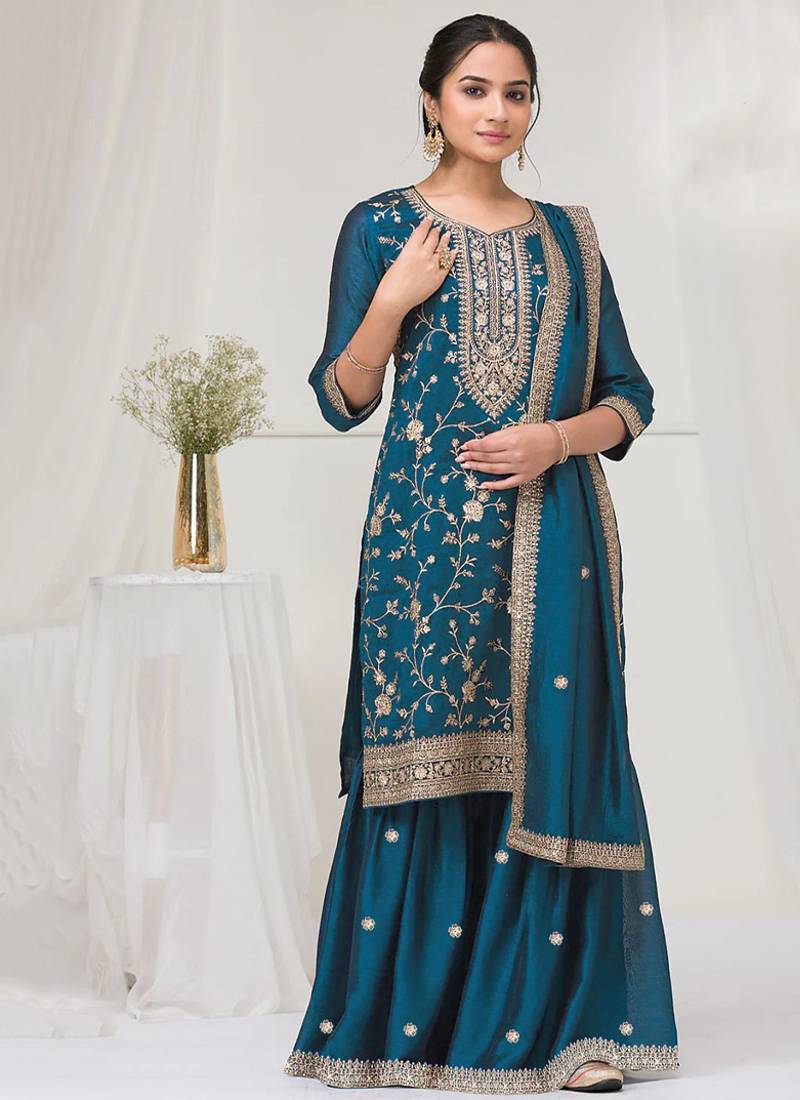 teal-blue embroidered silk salwar-kameez