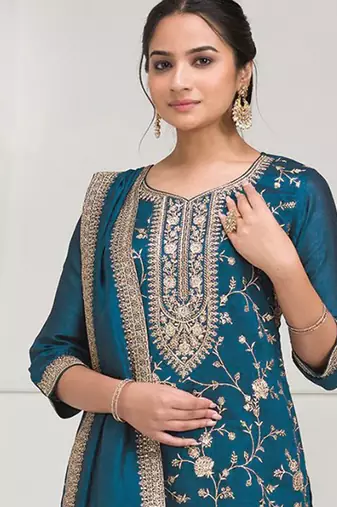 teal-blue embroidered silk salwar-kameez