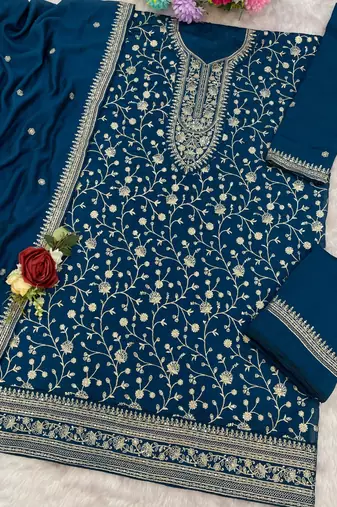 teal-blue embroidered silk salwar-kameez