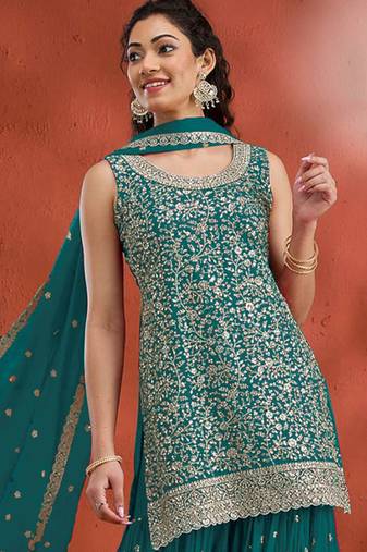aqua-blue embroidered georgette salwar-kameez