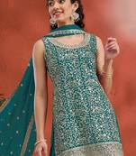 aqua-blue embroidered georgette salwar-kameez