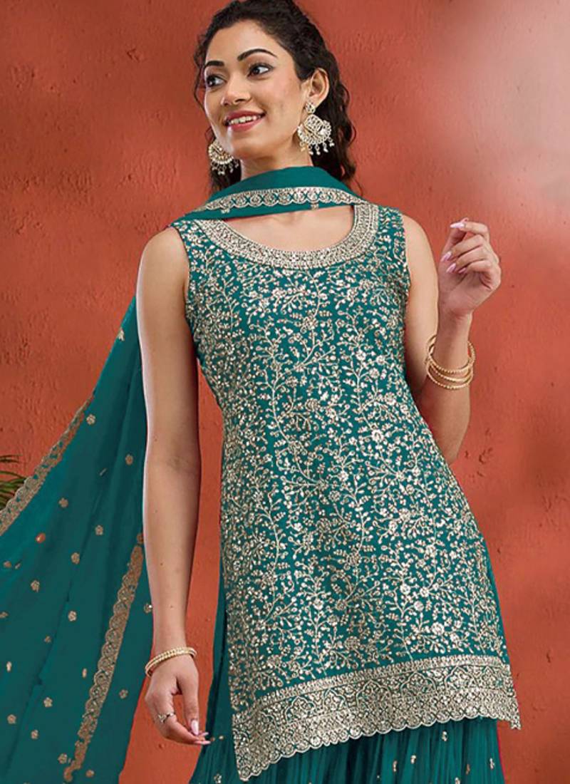 aqua-blue embroidered georgette salwar-kameez