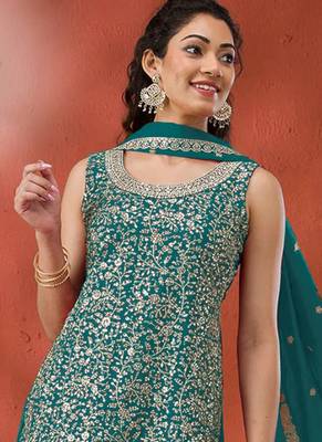aqua-blue embroidered georgette salwar-kameez 2