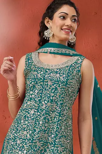 aqua-blue embroidered georgette salwar-kameez