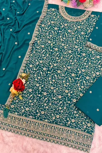 aqua-blue embroidered georgette salwar-kameez