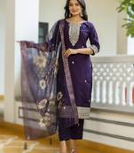 purple viscose chanderi embroidered suit jacquard organza dupatta