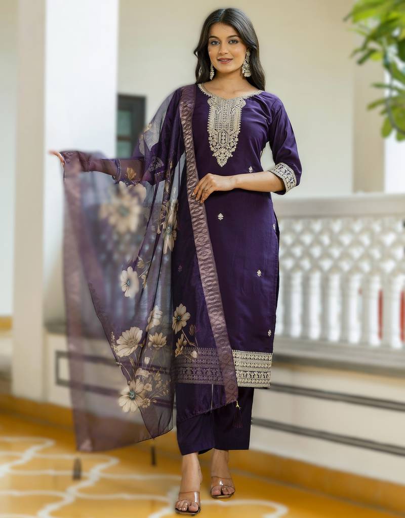 Purple viscose chanderi embroidered suit jacquard organza dupatta