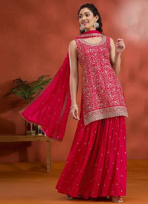 red embroidered georgette salwar-kameez 1