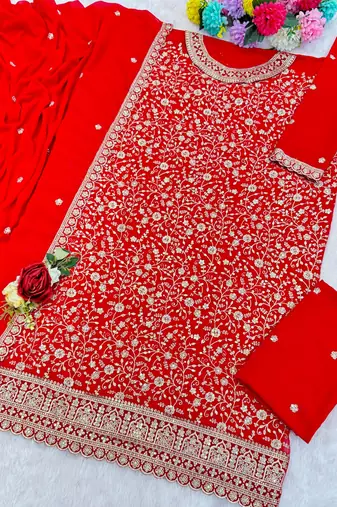 red embroidered georgette salwar-kameez