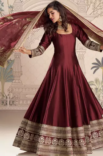 maroon embroidered silk anarkali-salwar-kameez
