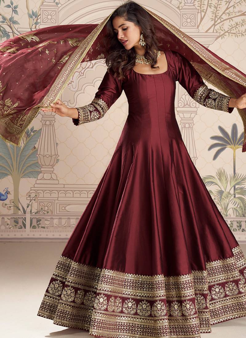 maroon embroidered silk anarkali-salwar-kameez