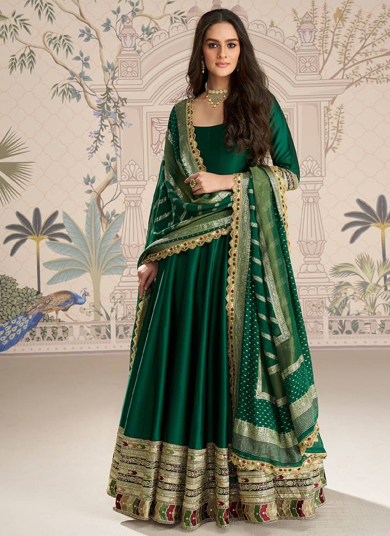 green embroidered silk anarkali-salwar-kameez