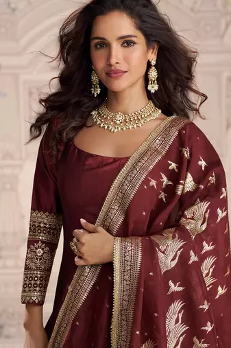 maroon embroidered silk anarkali-salwar-kameez