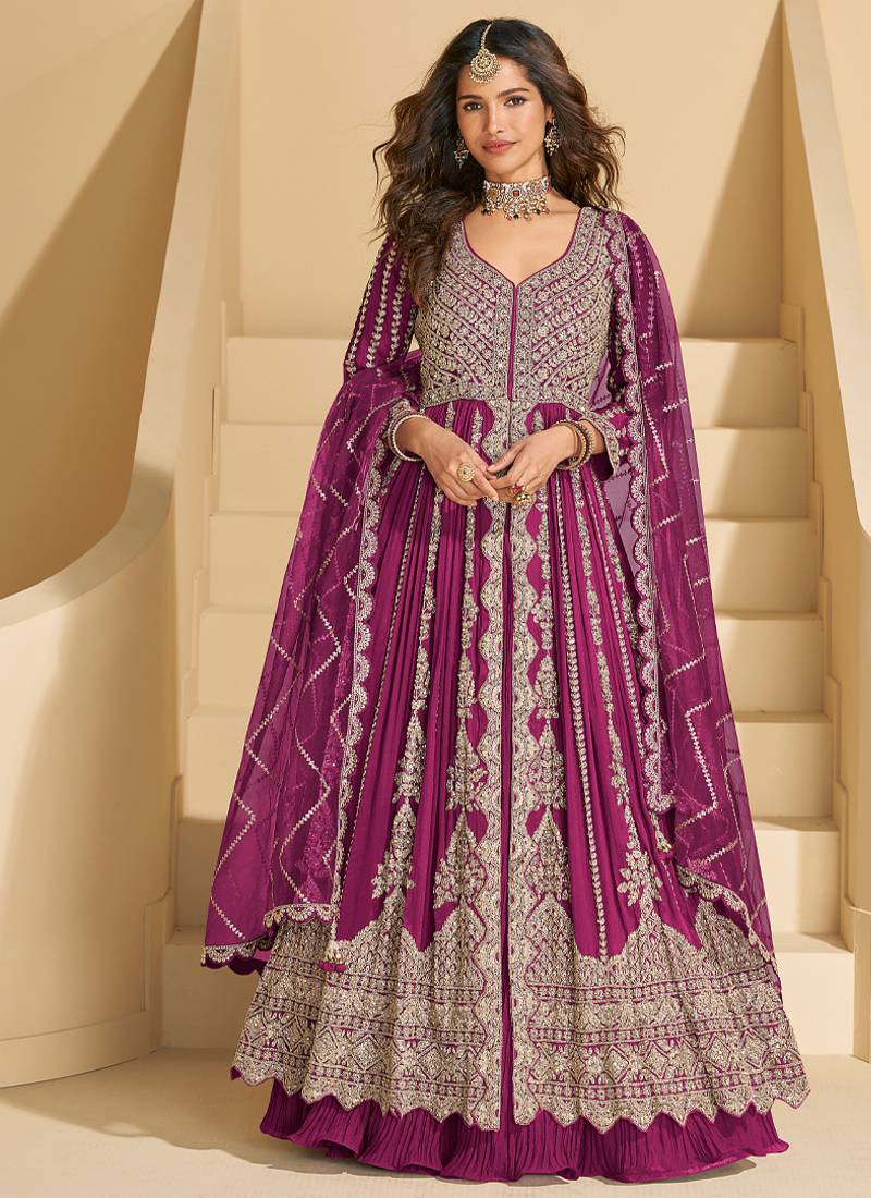 magenta embroidered chiffon anarkali-salwar-kameez