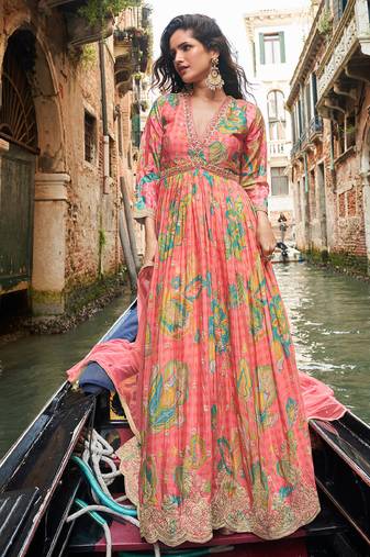 peach floral_print chiffon anarkali-salwar-kameez