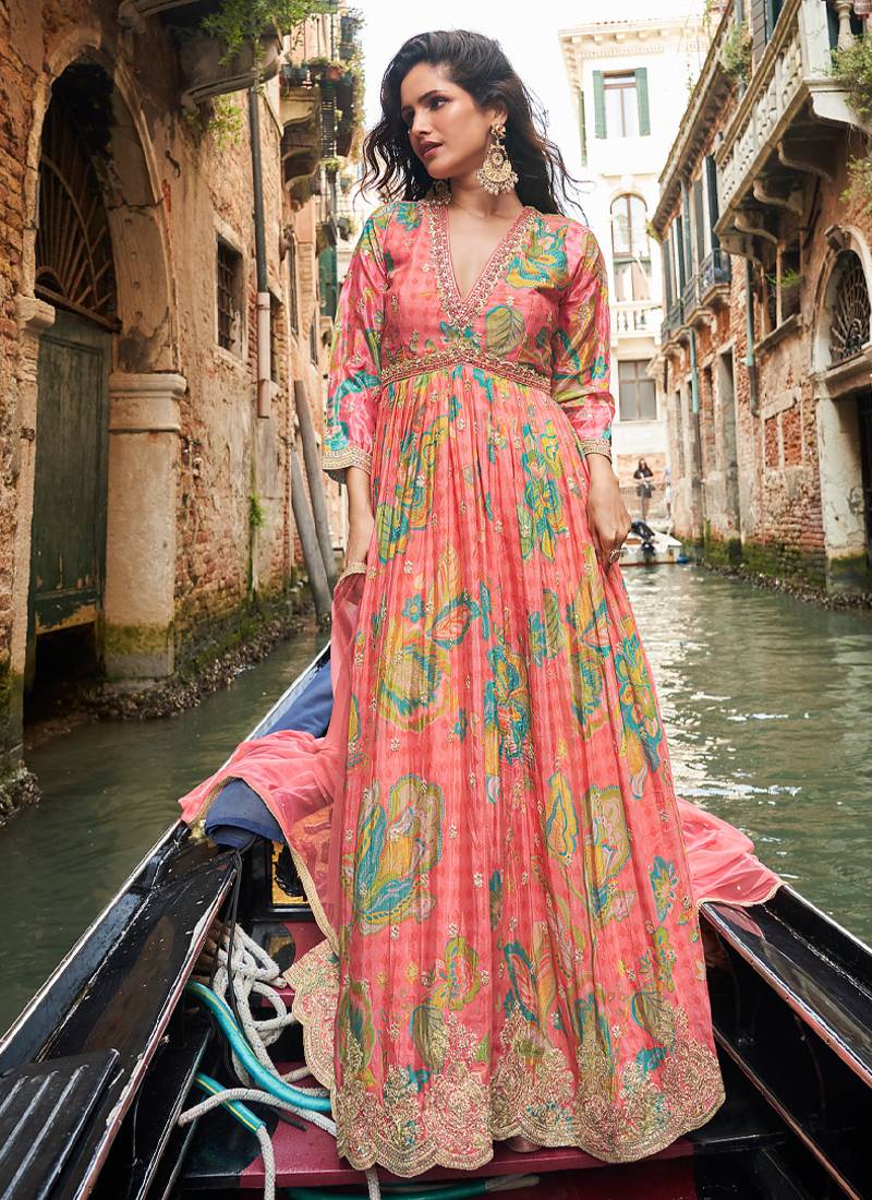 peach floral_print chiffon anarkali-salwar-kameez