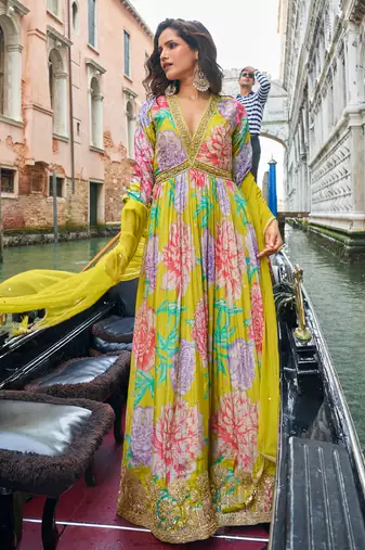 parrot-green floral_print chiffon anarkali-salwar-kameez