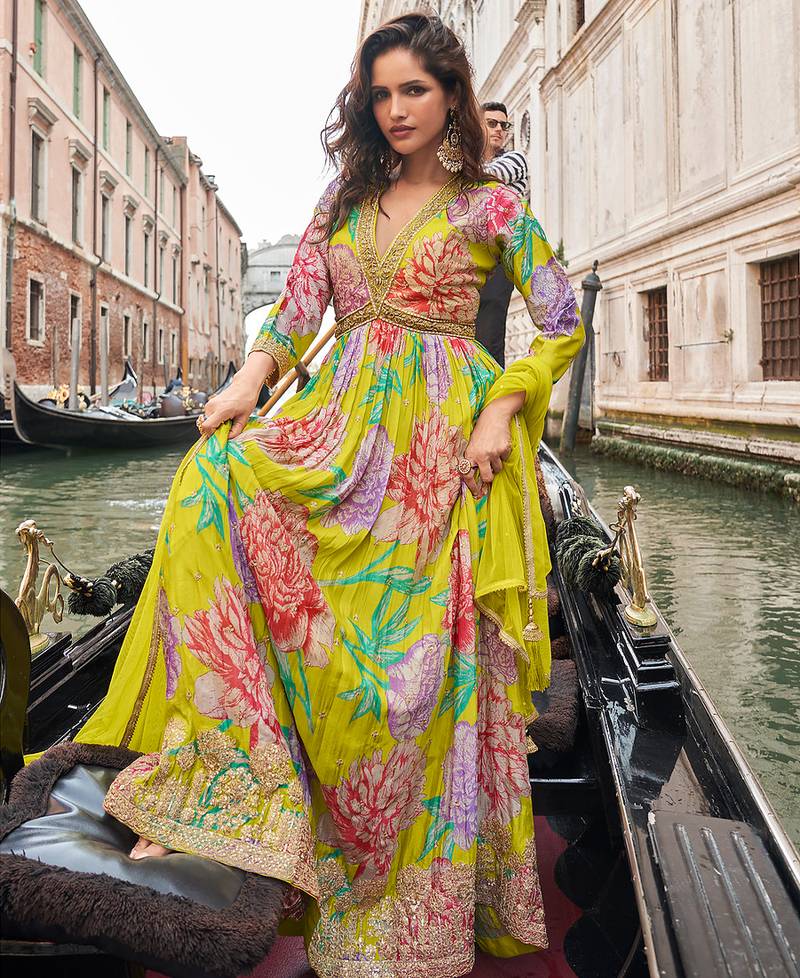 parrot-green floral_print chiffon anarkali-salwar-kameez