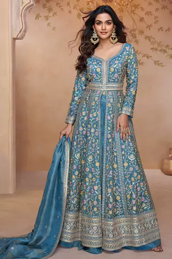 sky-blue embroidered shimmer anarkali-salwar-kameez