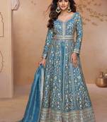 sky-blue embroidered shimmer anarkali-salwar-kameez