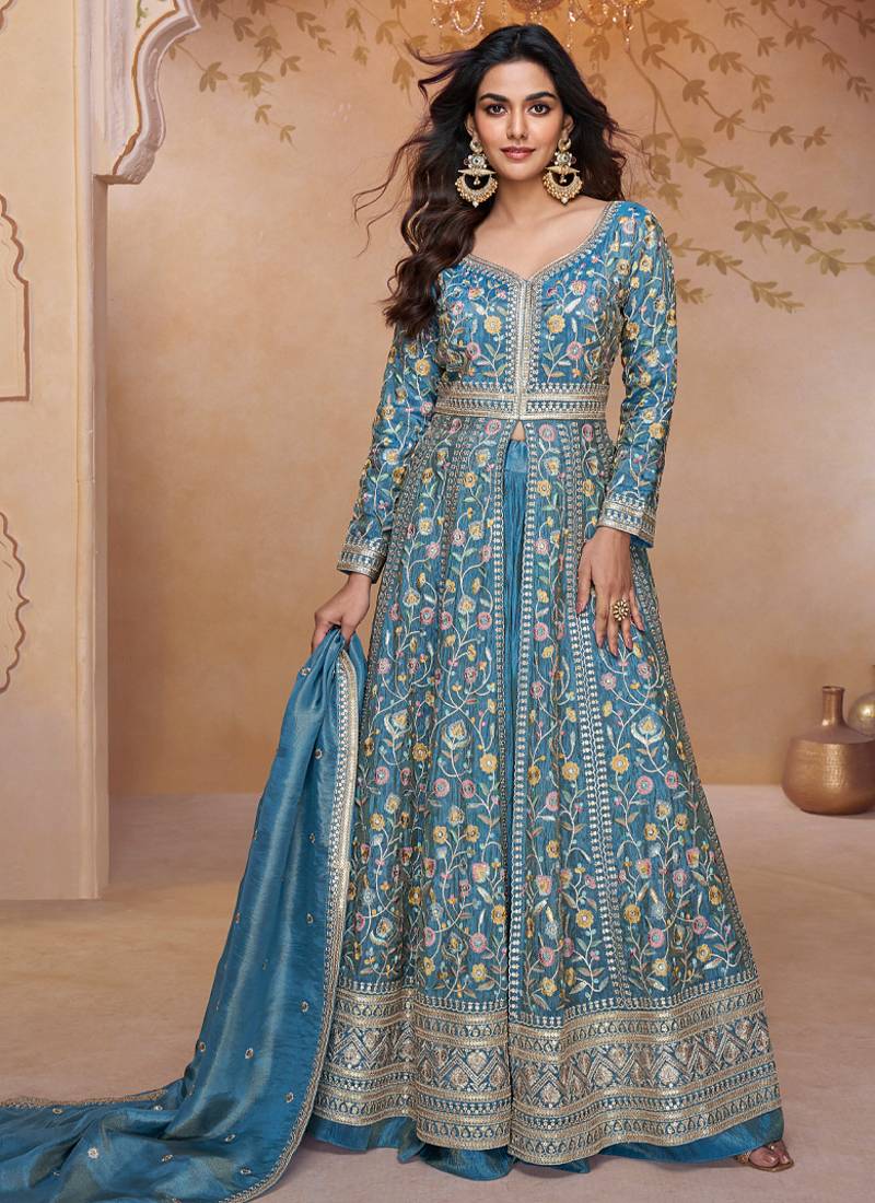 sky-blue embroidered shimmer anarkali-salwar-kameez