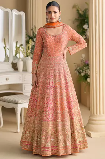 orange embroidered georgette anarkali-salwar-kameez