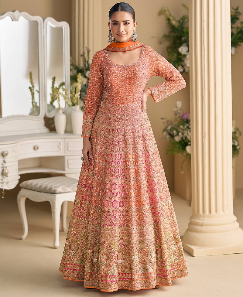 orange embroidered georgette anarkali-salwar-kameez