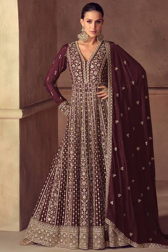 brown embroidered chiffon anarkali-salwar-kameez