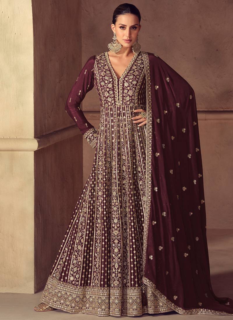 brown embroidered chiffon anarkali-salwar-kameez
