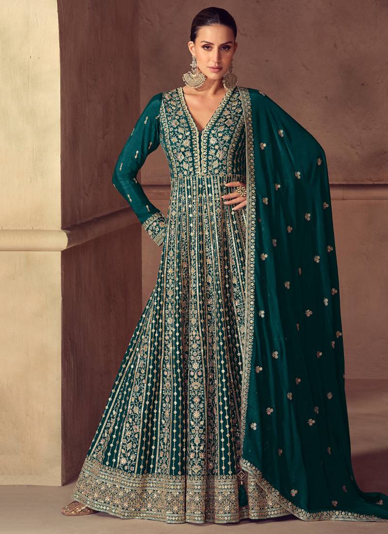 green embroidered chiffon anarkali-salwar-kameez