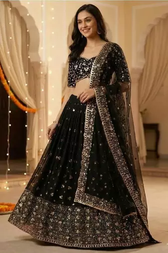 Black Georgette Sequins Embroidered Lehenga Set