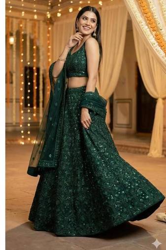 Green Net Sequins Umbrella Lehenga Choli