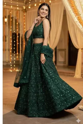 Green Net Sequins Umbrella Lehenga Choli