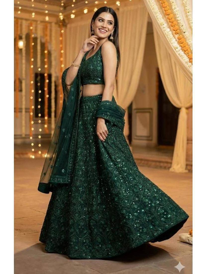 Green Net Sequins Umbrella Lehenga Choli