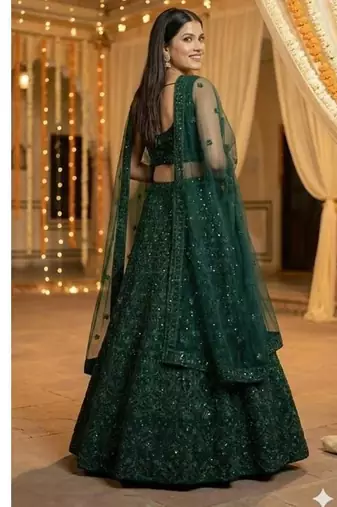 Green Net Sequins Umbrella Lehenga Choli