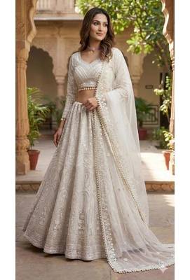 White sequins and thread work net lehenga Choli With Dupatta 1