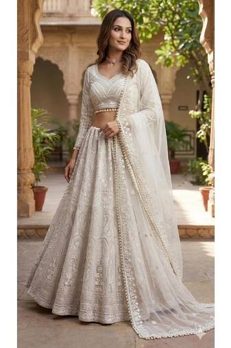 White sequins and thread work net lehenga Choli With Dupatta