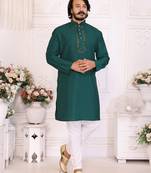 Green silk straight kurta with nack mirror work