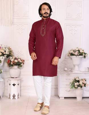 Maroon silk blend straight kurta with nack mirror work 1