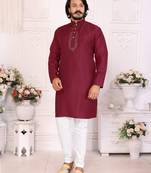 Maroon silk straight kurta with nack mirror work