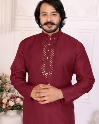 Maroon silk blend straight kurta with nack mirror work 2
