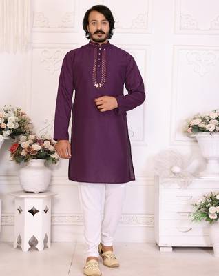 Purple silk blend straight kurta with nack mirror work 1