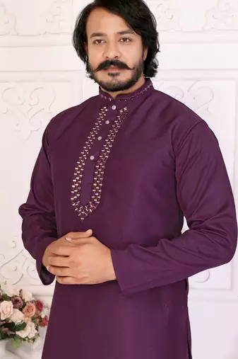 Purple silk straight kurta with nack mirror work