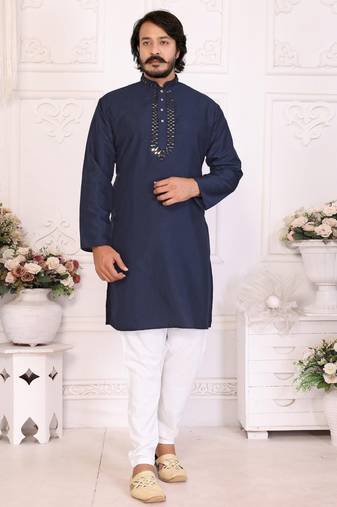 Navy silk straight kurta with nack mirror work