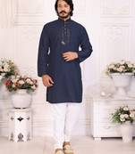 Navy silk straight kurta with nack mirror work