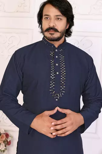 Navy silk straight kurta with nack mirror work