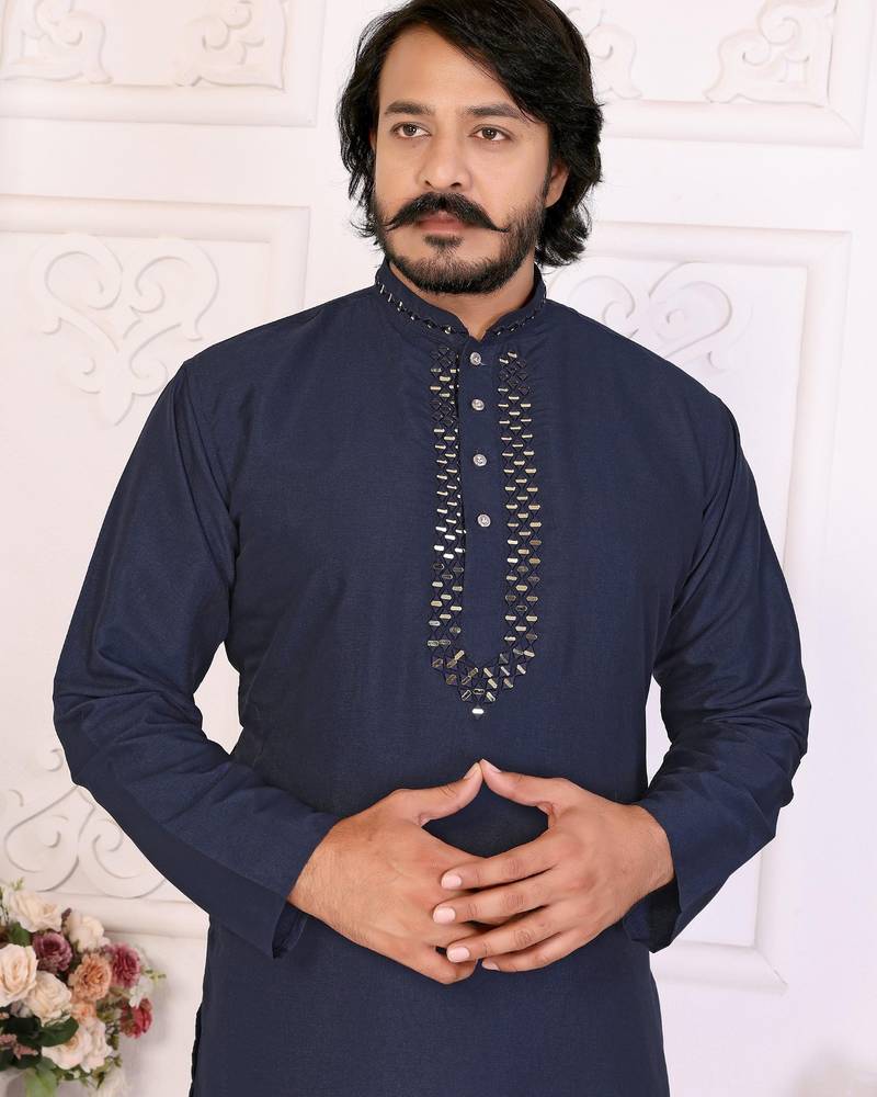 Navy silk straight kurta with nack mirror work